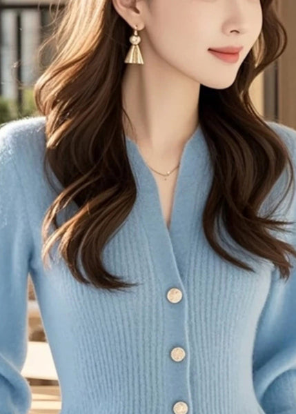 Stylish Blue V Neck Button Solid Knit Sweater Spring TF016