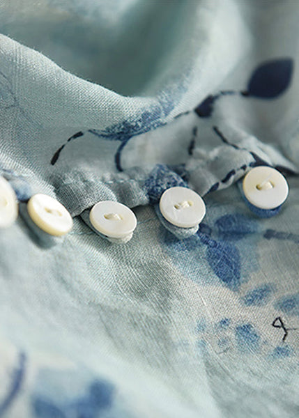 Shirts Neck Print Stylish Bracelet Linen V Blue Sleeve FashionChic