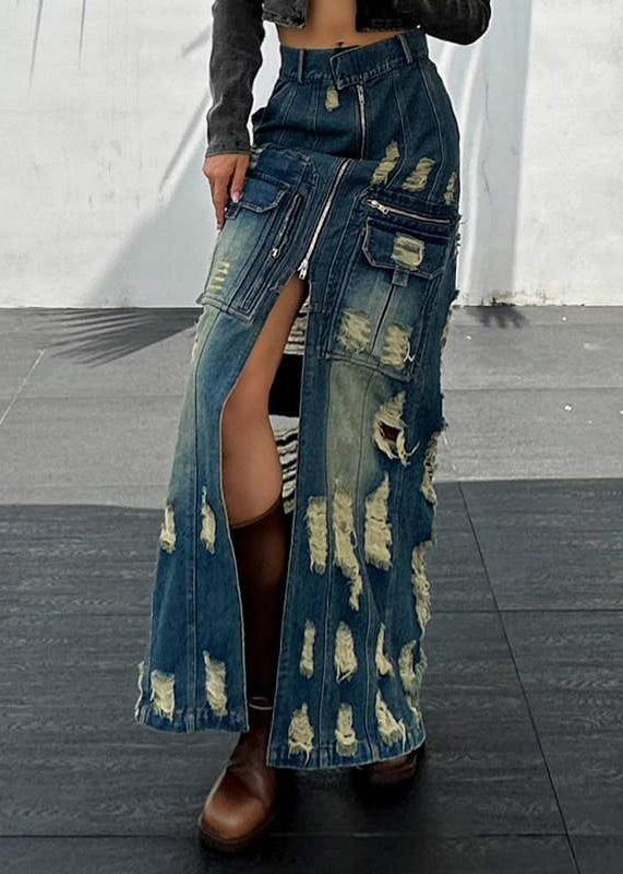 Stylish Blue Zip Up Patchwork Ripped Denim Skirts Spring QQ1063 Ada Fashion