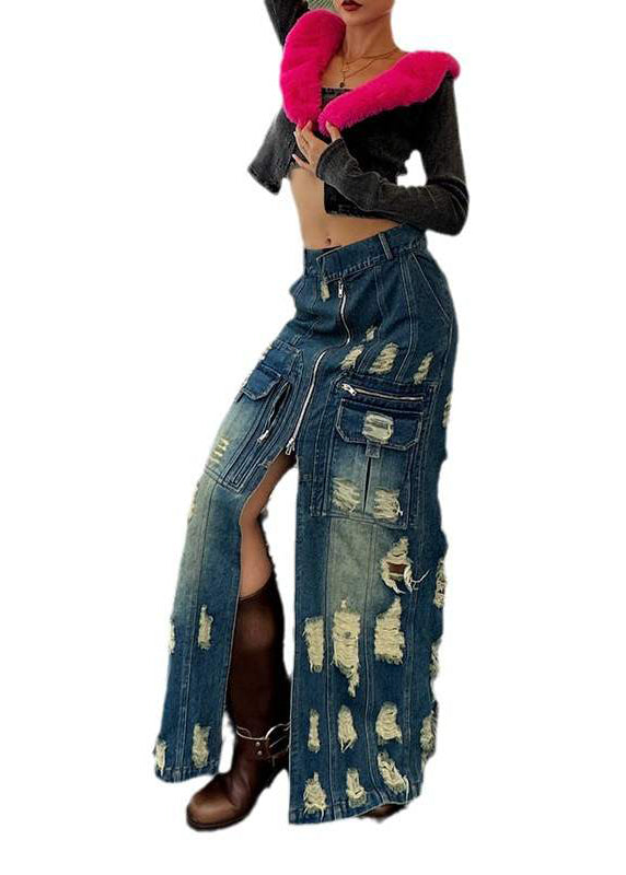 Stylish Blue Zip Up Patchwork Ripped Denim Skirts Spring QQ1063 Ada Fashion