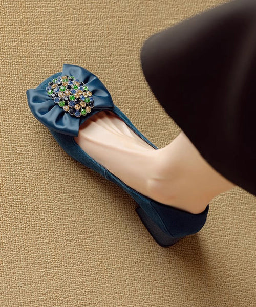 Suede Stylish Loafers Splicing Zircon Blue Penny Chunky Bow FashionChic