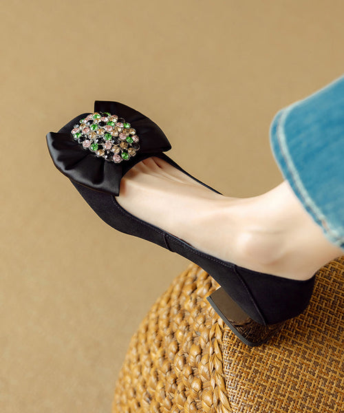 Suede Stylish Loafers Splicing Zircon Blue Penny Chunky Bow FashionChic