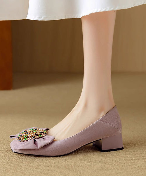 Suede Stylish Loafers Splicing Zircon Blue Penny Chunky Bow FashionChic
