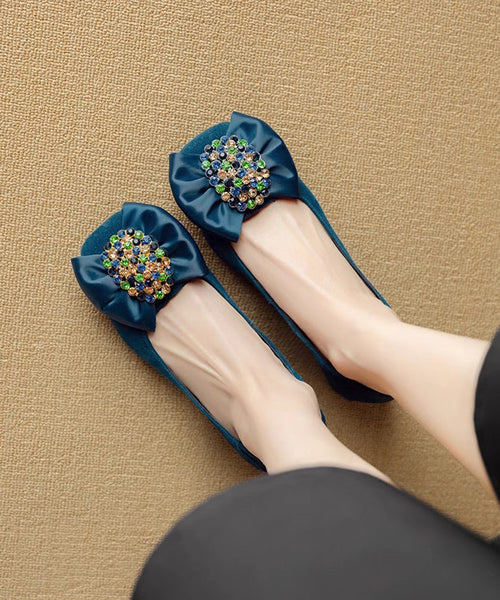 Zircon Penny Blue Stylish Bow Chunky Suede Splicing Loafers FashionChic