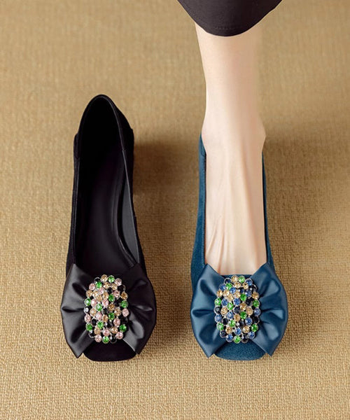 Zircon Penny Blue Stylish Bow Chunky Suede Splicing Loafers FashionChic