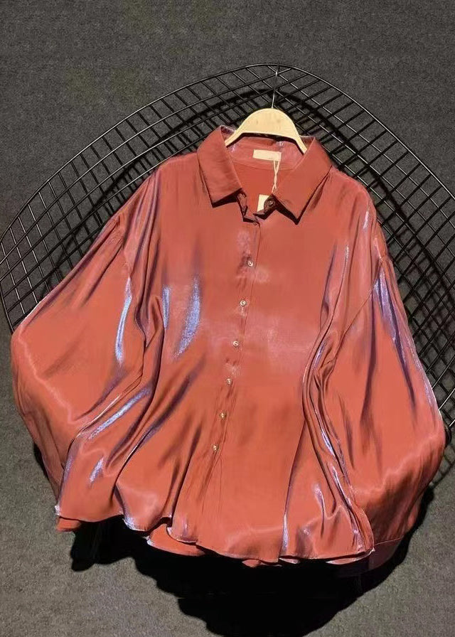 Red Button Collar Fall Pan Stylish Silk Peter Shirts Brick FashionChic