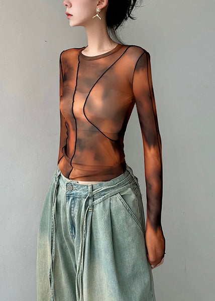 Stylish Brown O Neck Tie Dye Tulle Blouses Top Fall AL1067 Genistyle Shop