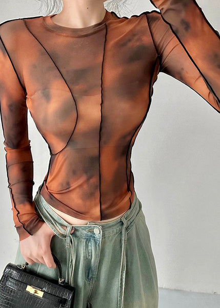 Stylish Brown O Neck Tie Dye Tulle Blouses Top Fall AL1067 Genistyle Shop