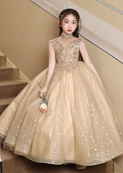 Stylish Brown Sequins Hollow Out Tulle Girls Vacation Long Dresses Sleeveless YG020 ABC