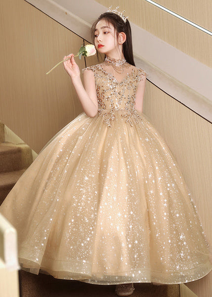Stylish Brown Sequins Hollow Out Tulle Girls Vacation Long Dresses Sleeveless YG020 ABC