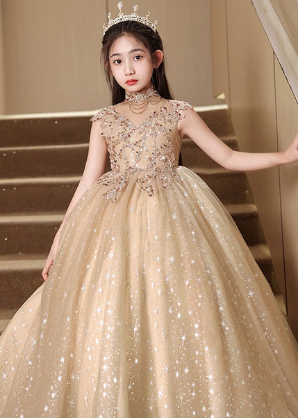 Stylish Brown Sequins Hollow Out Tulle Girls Vacation Long Dresses Sleeveless YG020 ABC