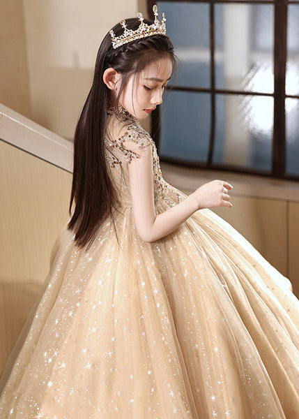 Stylish Brown Sequins Hollow Out Tulle Girls Vacation Long Dresses Sleeveless YG020 ABC