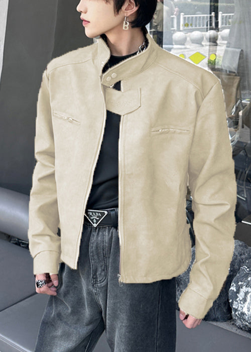 Stylish Brown Stand Collar Zippered Faux Suede Mens Coats Spring RN034 ABC