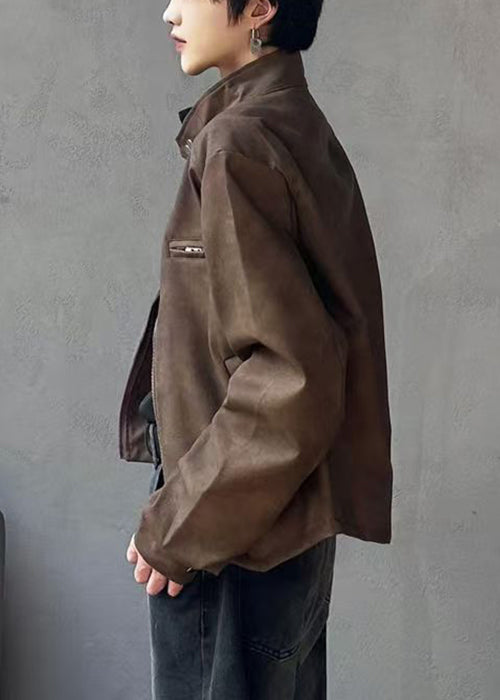 Stylish Brown Stand Collar Zippered Faux Suede Mens Coats Spring RN034 ABC