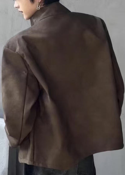 Stylish Brown Stand Collar Zippered Faux Suede Mens Coats Spring RN034 ABC