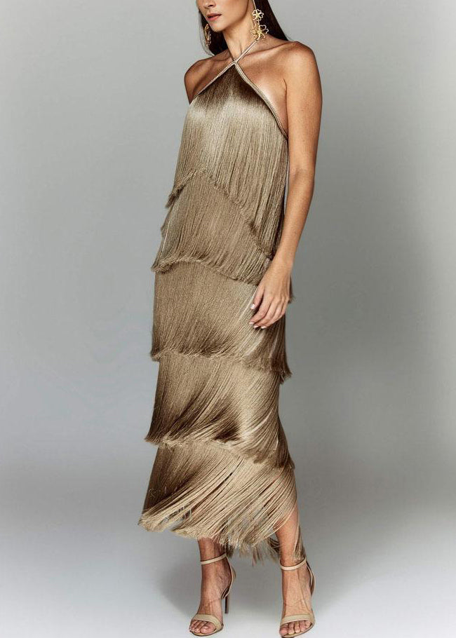 Dress Silk Summer Brown Stylish Halter Tasseled Backless FashionChic