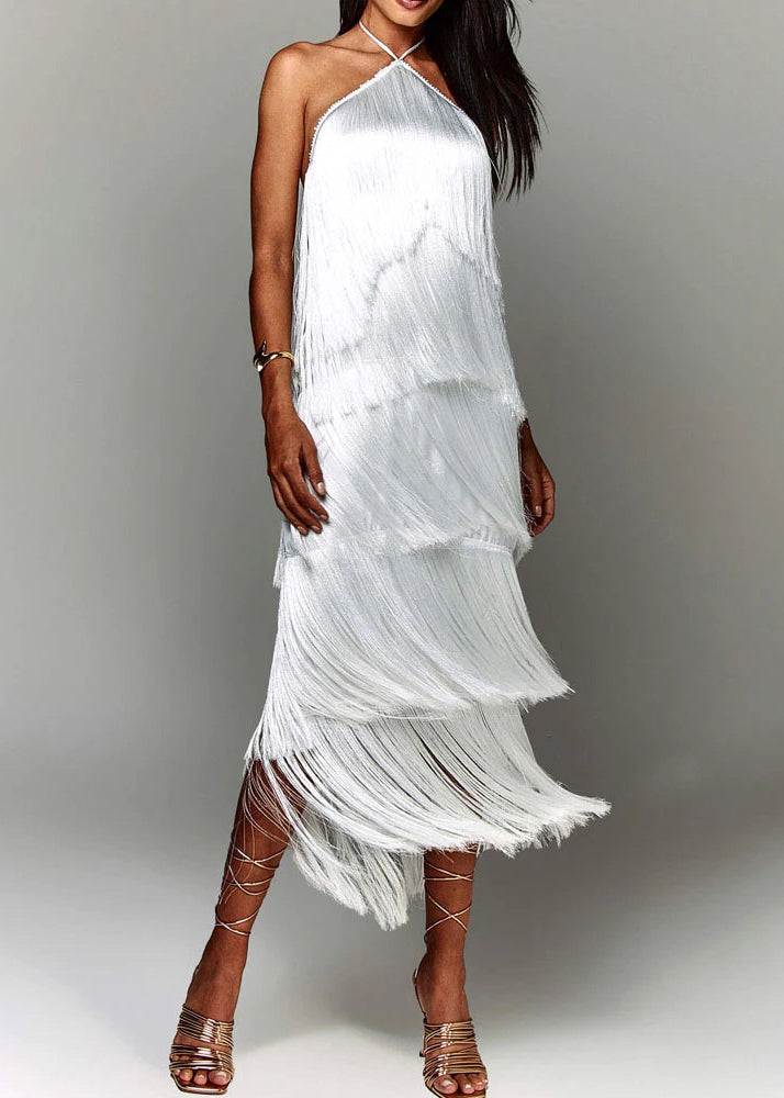 Dress Silk Summer Brown Stylish Halter Tasseled Backless FashionChic