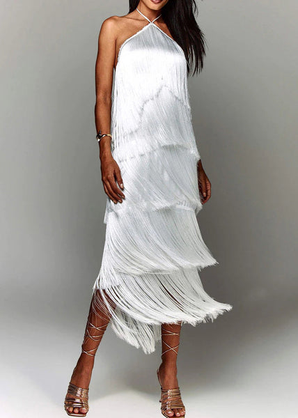 Dress Silk Summer Brown Stylish Halter Tasseled Backless FashionChic