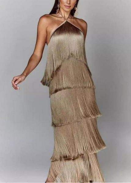Dress Silk Summer Brown Stylish Halter Tasseled Backless FashionChic