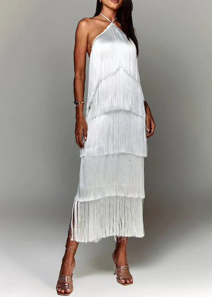 Dress Silk Summer Brown Stylish Halter Tasseled Backless FashionChic