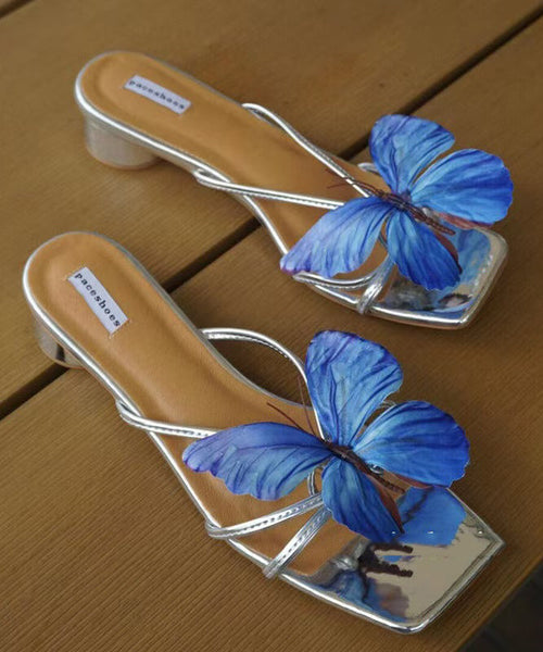 Leather Blue Faux Slide Sandals Splicing Stylish Chunky Butterfly FashionChic