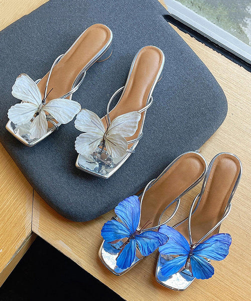 Leather Blue Faux Slide Sandals Splicing Stylish Chunky Butterfly FashionChic