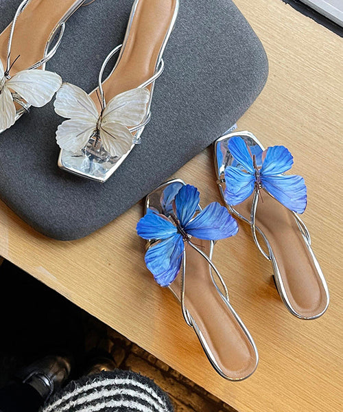 Leather Blue Faux Slide Sandals Splicing Stylish Chunky Butterfly FashionChic