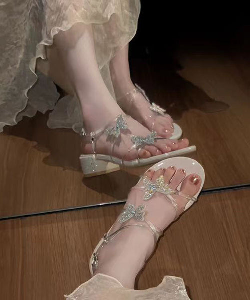 Stylish Butterfly Zircon Splicing Chunky Sandals Beige DD1003 Shoe-LX240605
