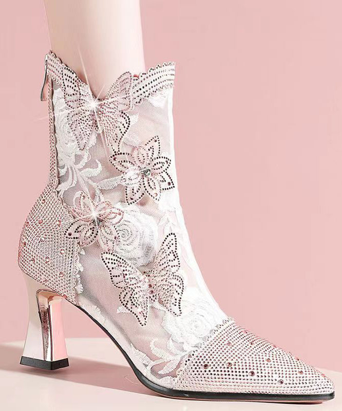 Stylish Butterfly Zircon Splicing Hollow Out High Heel Boots Pink CZ1008 Ada Fashion