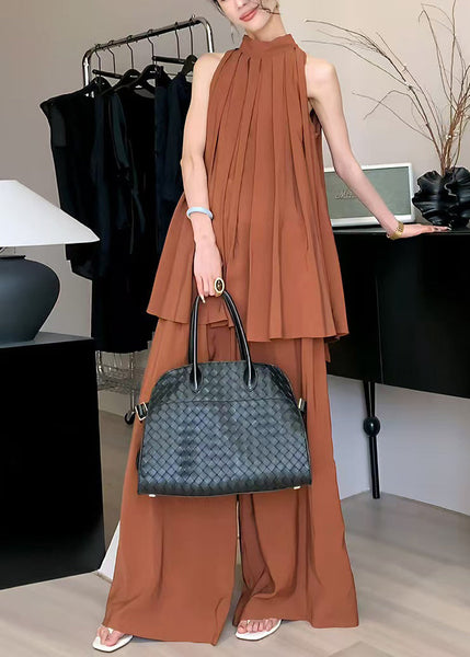 Wrinkled Chiffon Stand Caramel Stylish Set Two Pieces Collar FashionChic