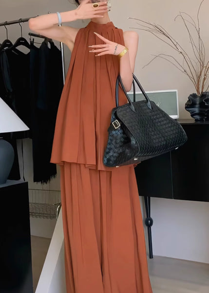 Wrinkled Chiffon Stand Caramel Stylish Set Two Pieces Collar FashionChic