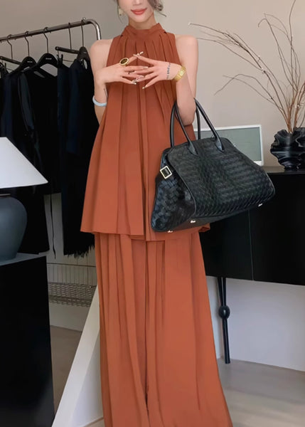 Wrinkled Chiffon Stand Caramel Stylish Set Two Pieces Collar FashionChic