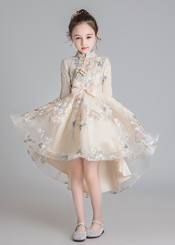 Stylish Champagne Stand Collar Embroideried Low High Design Tulle Girls Long Dresses Fall QV002 WS-JRTZFDGL241026