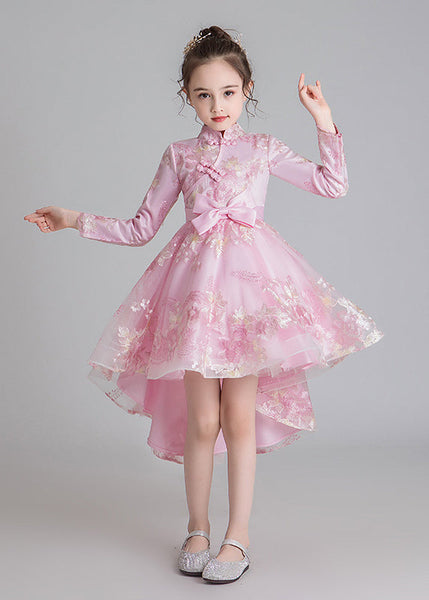 Stylish Champagne Stand Collar Embroideried Low High Design Tulle Girls Long Dresses Fall QV002 WS-JRTZFDGL241026