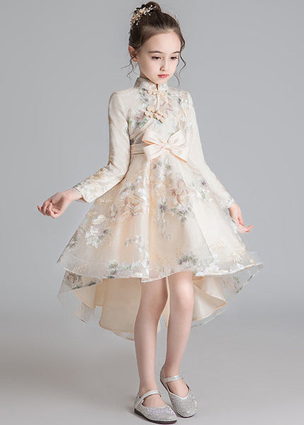 Stylish Champagne Stand Collar Embroideried Low High Design Tulle Girls Long Dresses Fall QV002 WS-JRTZFDGL241026
