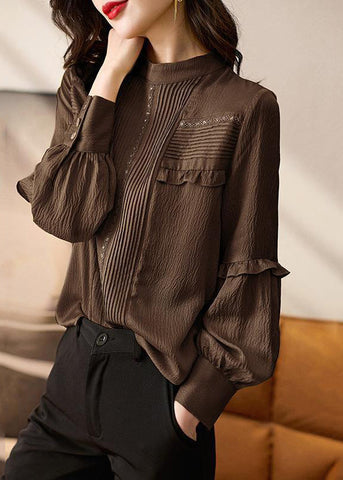 Stylish Chocolate O-Neck Ruffled Patchwork Shirt Spring TE027 ABC