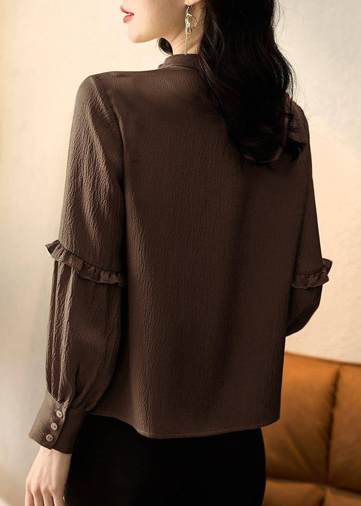 Stylish Chocolate O-Neck Ruffled Patchwork Shirt Spring TE027 ABC