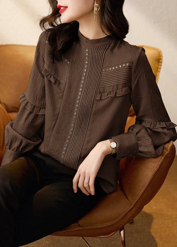 Stylish Chocolate O-Neck Ruffled Patchwork Shirt Spring TE027 ABC