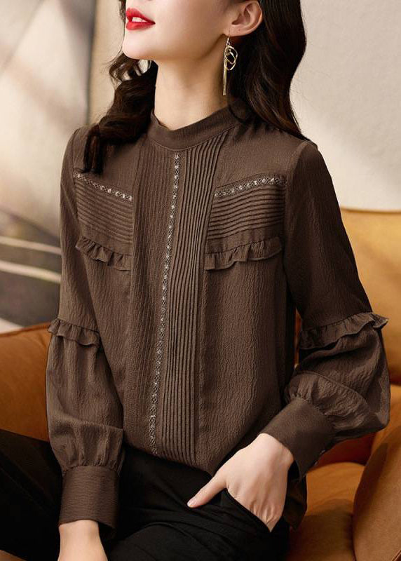 Stylish Chocolate O-Neck Ruffled Patchwork Shirt Spring TE027 ABC