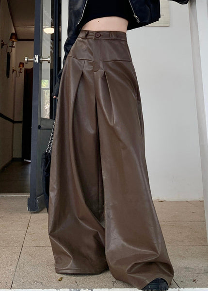 Stylish Coffee Button High Waist Faux Leather Pants Fall PP031 OM-NZ240827