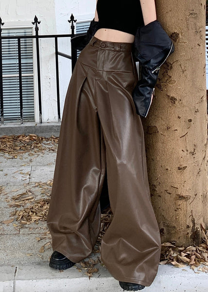 Stylish Coffee Button High Waist Faux Leather Pants Fall PP031 OM-NZ240827