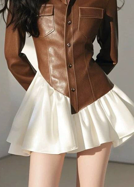 Stylish Coffee Asymmetrical Patchwork Leather Button Faux FashionChic