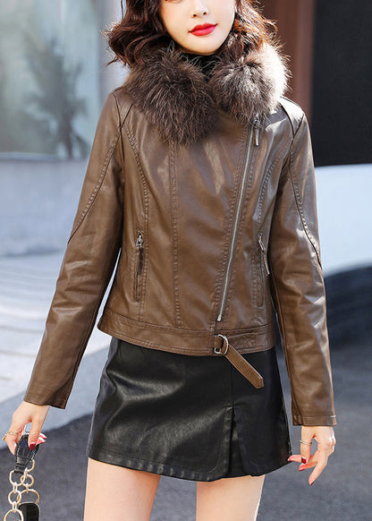 Stylish Coffee Fur Collar Zippered Faux Leather Jacket Winter ER015 ABC