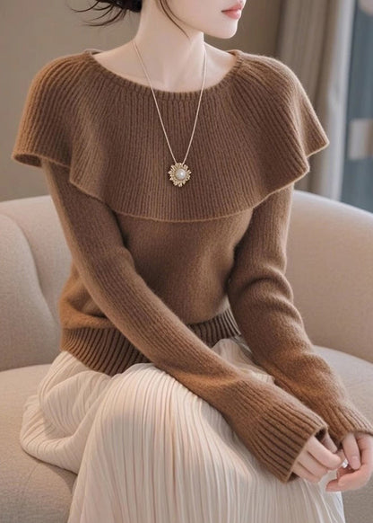 Stylish Coffee Original Design Solid Knit Sweaters Spring TF017