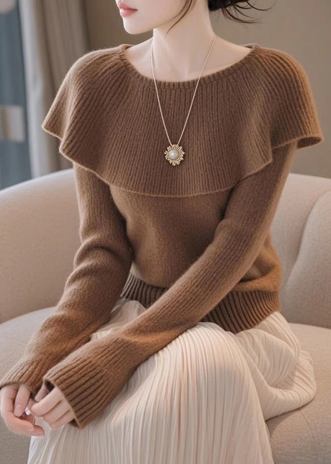 Stylish Coffee Original Design Solid Knit Sweaters Spring TF017