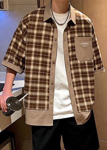 Button Stylish Men Plaid Coffee Summer Cotton Shirts FashionChic