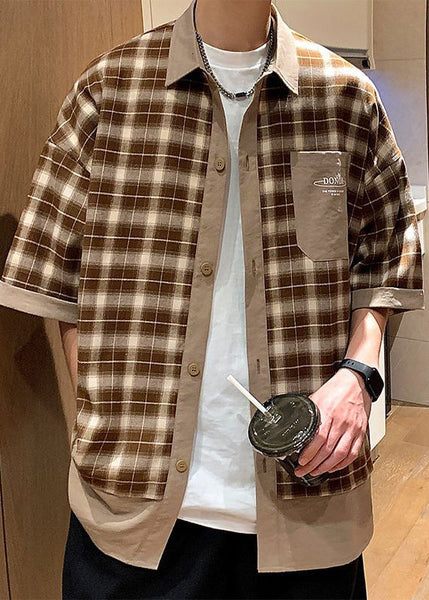 Button Stylish Men Plaid Coffee Summer Cotton Shirts FashionChic