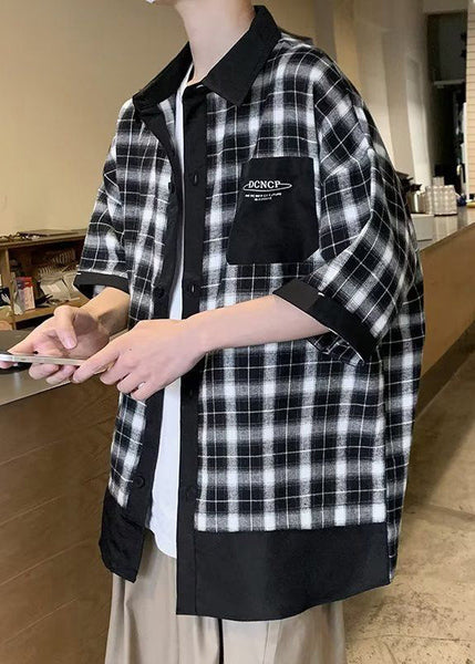 Button Stylish Men Plaid Coffee Summer Cotton Shirts FashionChic