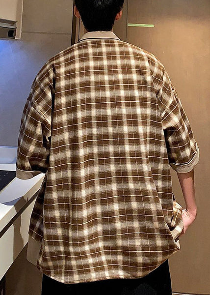 Button Stylish Men Plaid Coffee Summer Cotton Shirts FashionChic