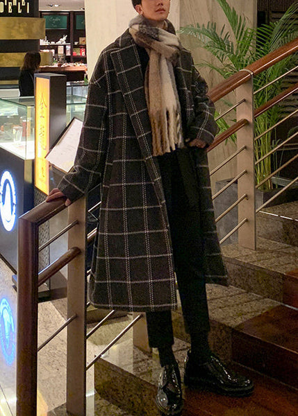 Stylish Coffee Plaid Notched Tie Waist Woolen Mens Coats Winter RO040 ABC